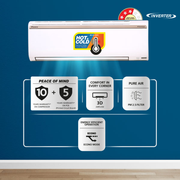 Daikin 1.5 Ton 3 Star Hot and Cold Split Inverter AC - White  (FTHT50UV16V/ RHT50UV16V, Copper Condenser) - Image 2